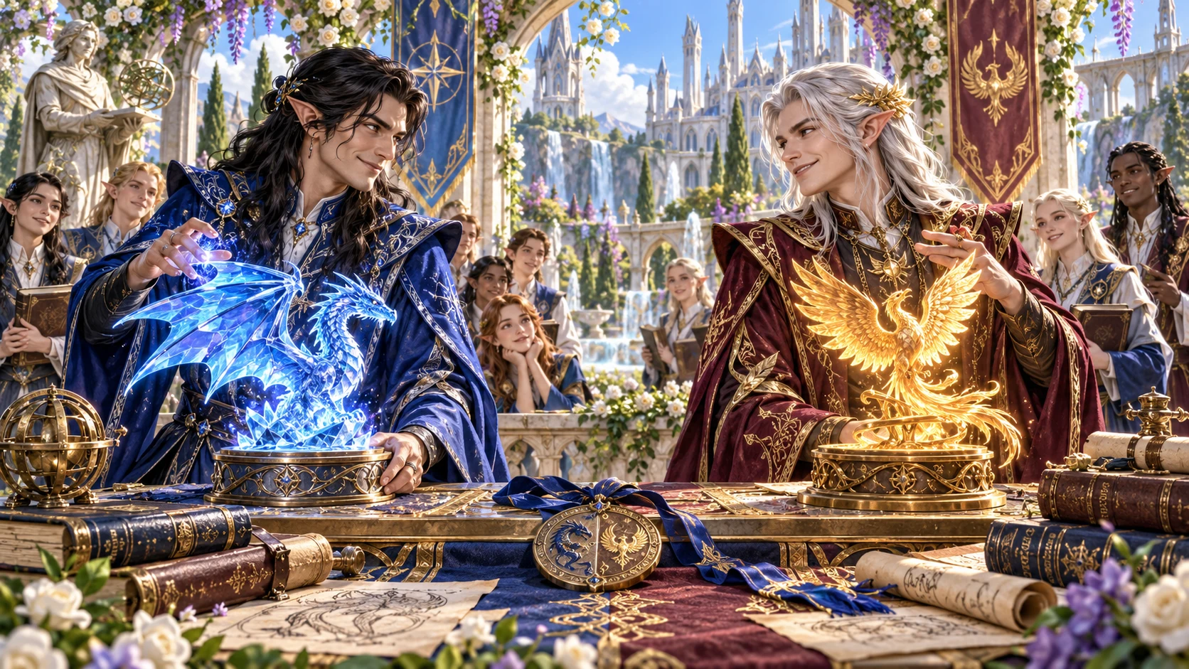 Two fantasy scholars demonstrate blue and gold magical forms before academy observers.