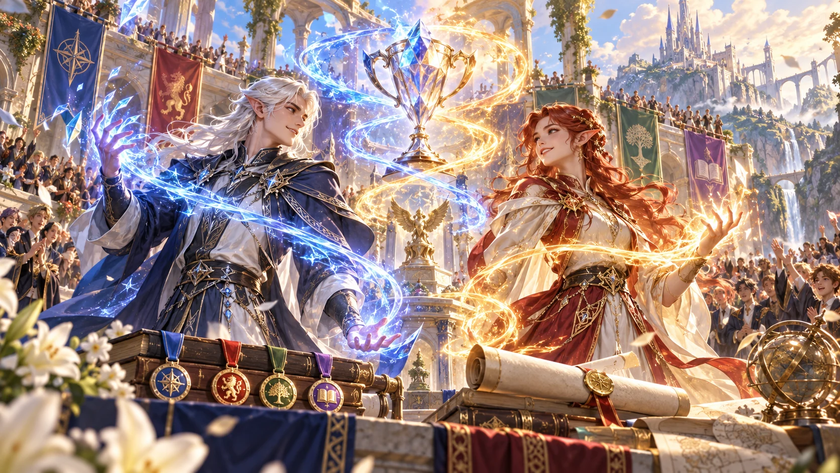 Two fantasy scholars combine blue and gold magical displays before an academy audience.