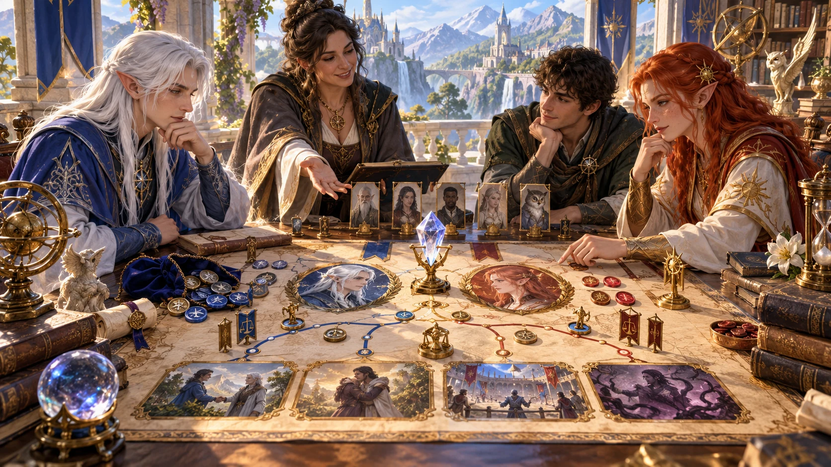 A group reviews connected character portraits and story scenes at a shared tabletop.
